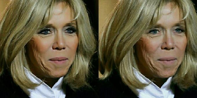 Brigitte Macron ja ilman meikkiä