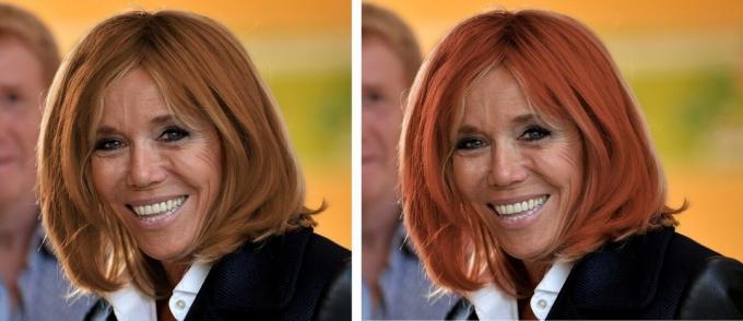 Brigitte Macron. Punaiset hiukset ja punainen sävy korostaa punertava sävy kasvot.