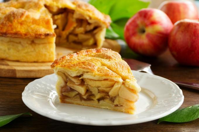 Amerikkalainen omenapiirakka. Ulkopuolella, teräviä taikina sisällä - omenat. Valokuvat - Yandex. kuvat